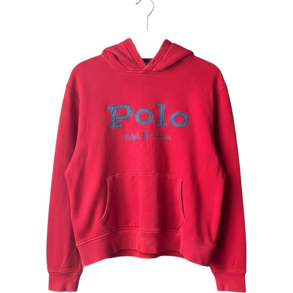 Polo Ralph Lauren Womens Red Fleece Hoodie Blue Denim Applique Logo Pullover
